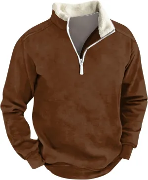 1/4 Zip Pullover Mens,Light Sherpa Fleece Lined Sweatshirt Vintage Pullover Tops With Elbow Patches Fall Shirts