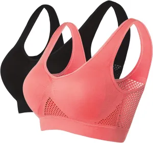 2 Pack Activewear Sports Bras for Women, Breathable Yoga Bra Seamless Mesh Hole Cropped Tank Bras for Running Workout