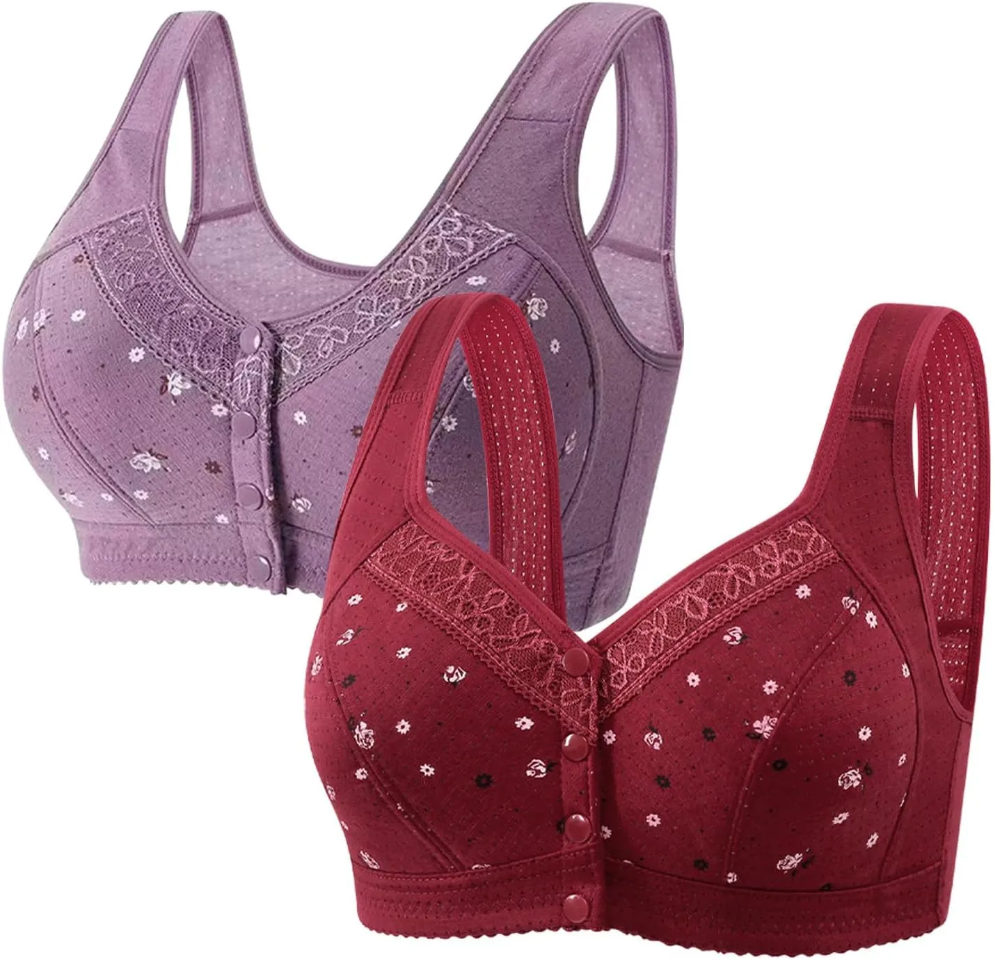 2 Pack Daisy Bras for Older Women 2025 Front Close Button Bras Comfortable Full Coverage No Underwire Bras