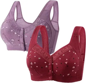 2 Pack Daisy Bras for Older Women 2025 Front Close Button Bras Comfortable Full Coverage No Underwire Bras