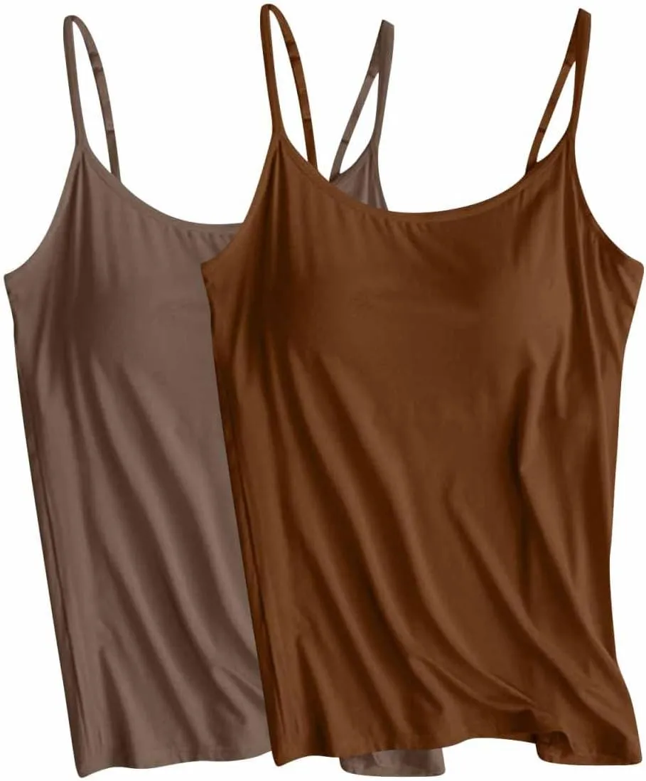 2 Pack Womens Cami Tank Tops with Built in Bra Spaghetti Strap Padded Camisoles Summer Casual Shelf Bras Undershirts