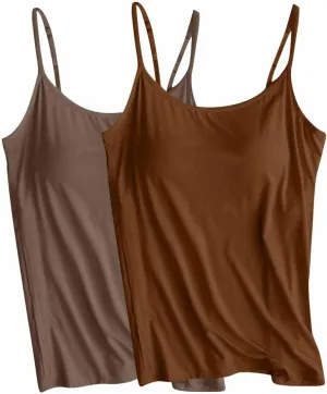 2 Pack Womens Cami Tank Tops with Built in Bra Spaghetti Strap Padded Camisoles Summer Casual Shelf Bras Undershirts