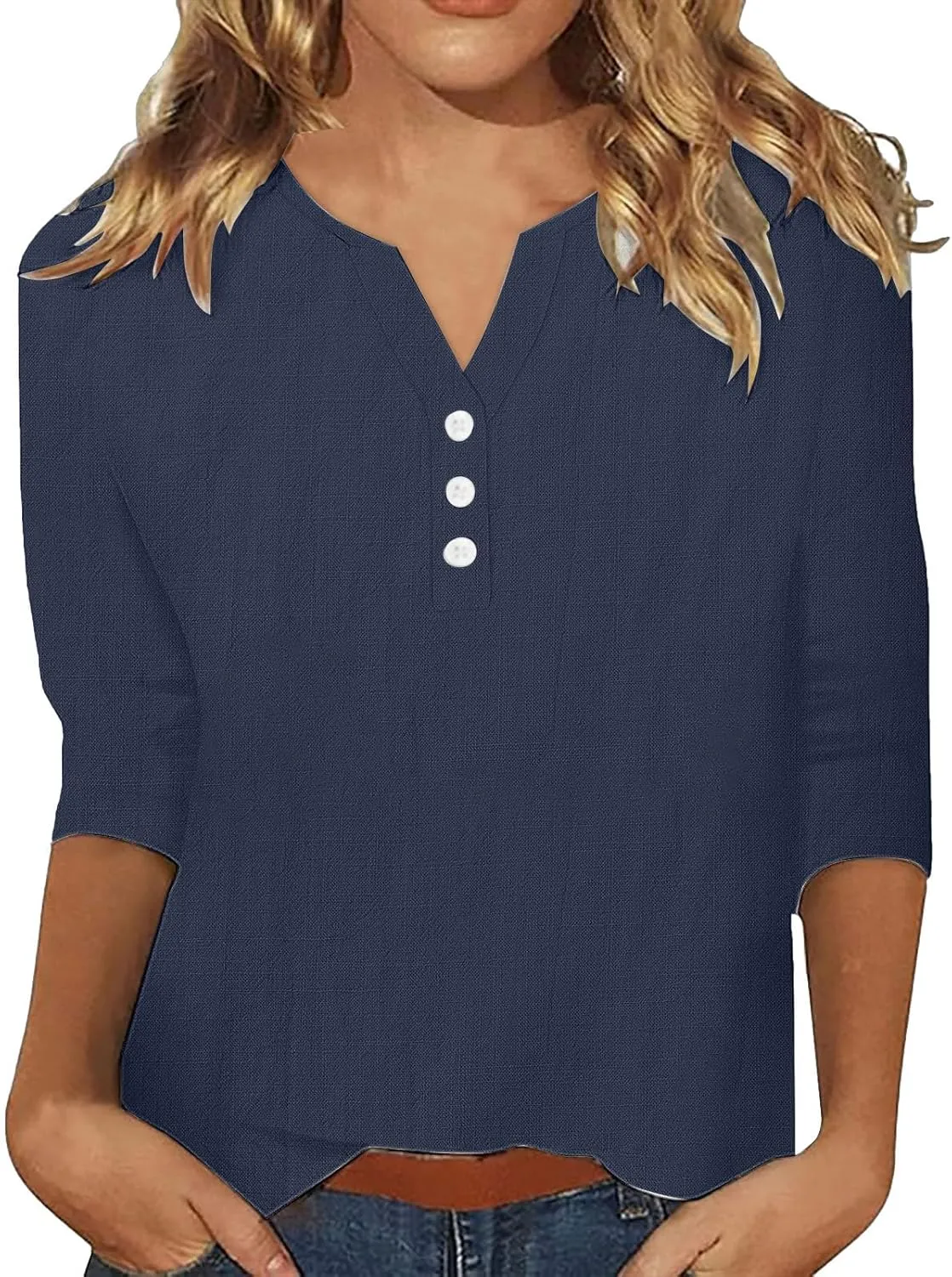 3/4 Sleeve Cotton Linen Tops for Women 2025 Loose Notched V Neck Button Down Henley Shirts Summer Beach Tee Tunic Blouse