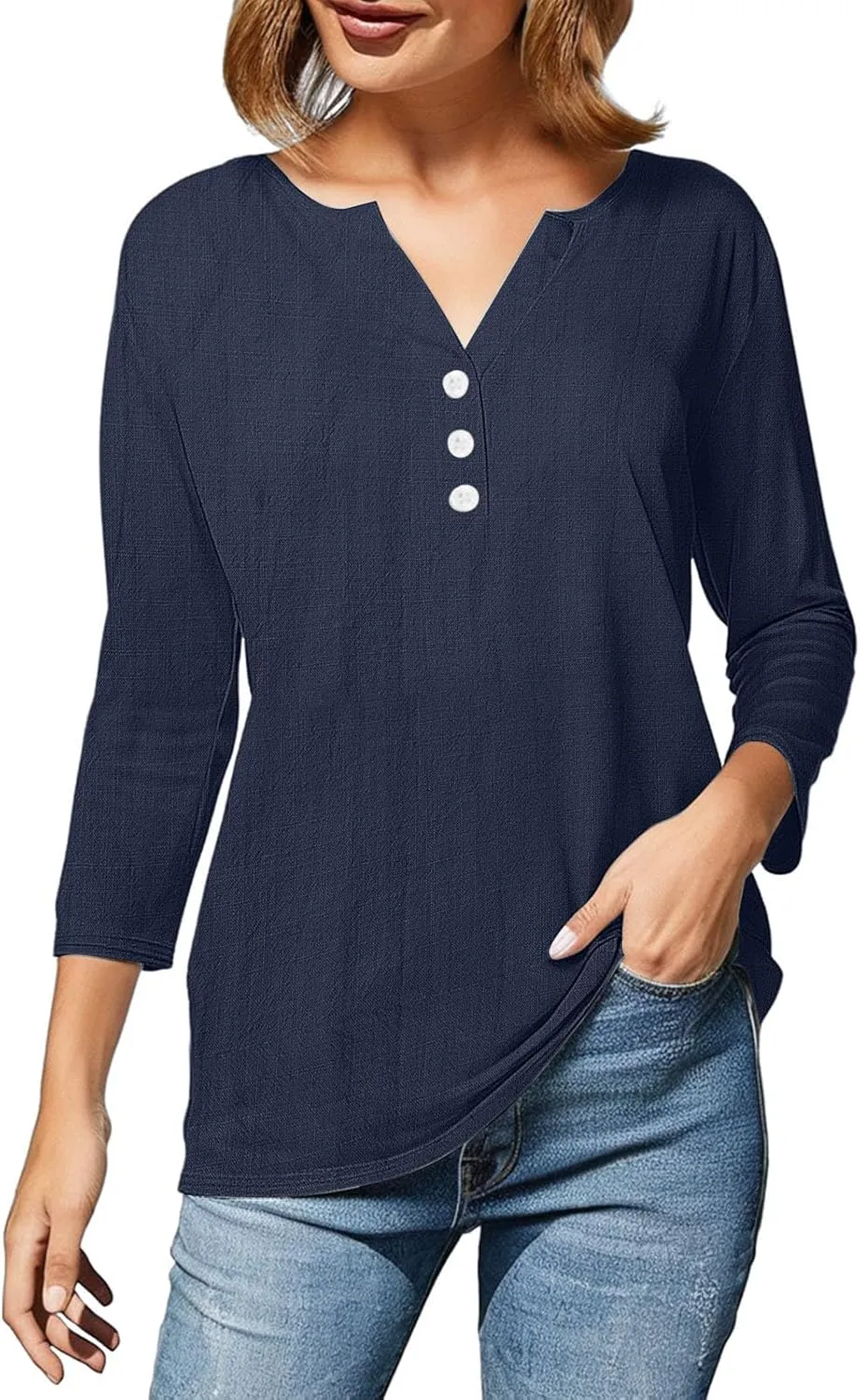 3/4 Sleeve Cotton Linen Tops for Women 2025 Loose Notched V Neck Button Down Henley Shirts Summer Beach Tee Tunic Blouse
