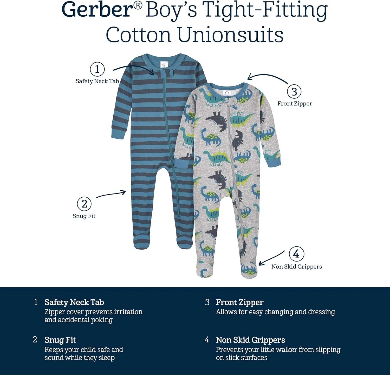 4-Pack Boys Safari Animals & Crab Snug Fit Footed Cotton Pajamas