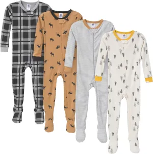 4-Pack Boys Safari Animals & Crab Snug Fit Footed Cotton Pajamas