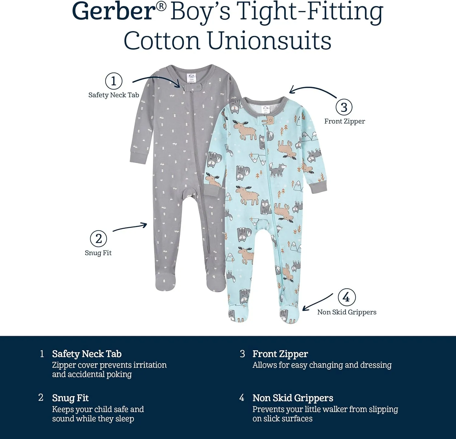 4-Pack Boys Safari Animals & Crab Snug Fit Footed Cotton Pajamas