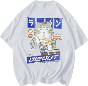 Aelfric Eden Mens Oversized Ramen Cat Graphic Tees Streetwear Casual Summer Tops T-Shirt Unisex