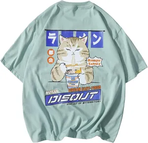 Aelfric Eden Mens Oversized Ramen Cat Graphic Tees Streetwear Casual Summer Tops T-Shirt Unisex