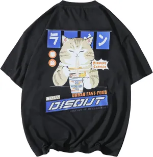 Aelfric Eden Mens Oversized Ramen Cat Graphic Tees Streetwear Casual Summer Tops T-Shirt Unisex