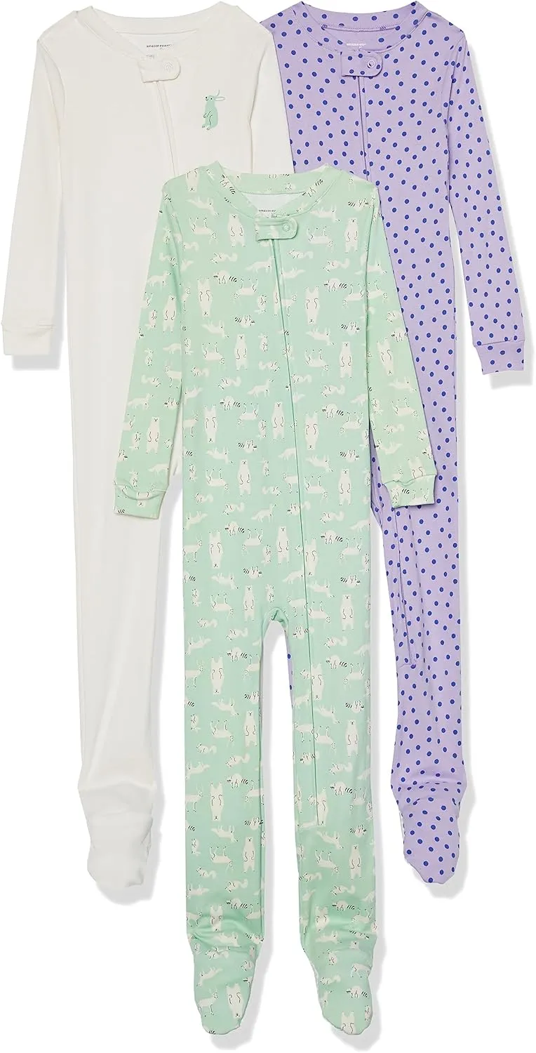 Amazon Essentials Unisex Toddlers and Babies' Cotton Snug-Fit Footed Sleeper Pajamas, Multipacks
