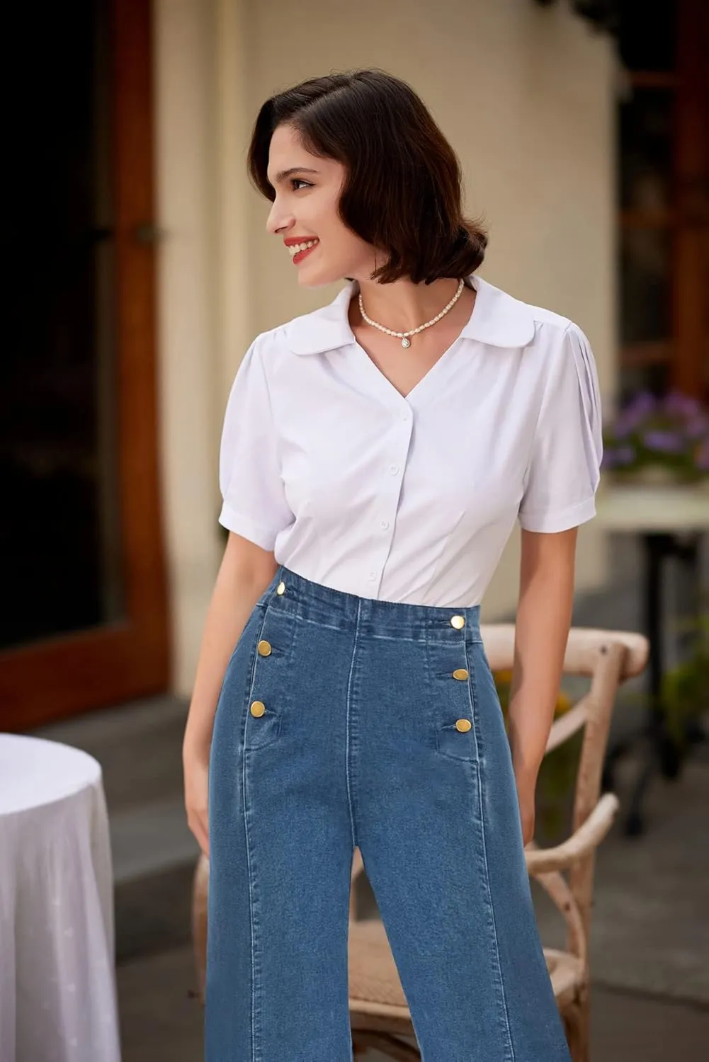 Belle Poque Women's High Waisted Wide Leg Jeans Button Decorated Casual Stretchy Demin Pants with Pockets