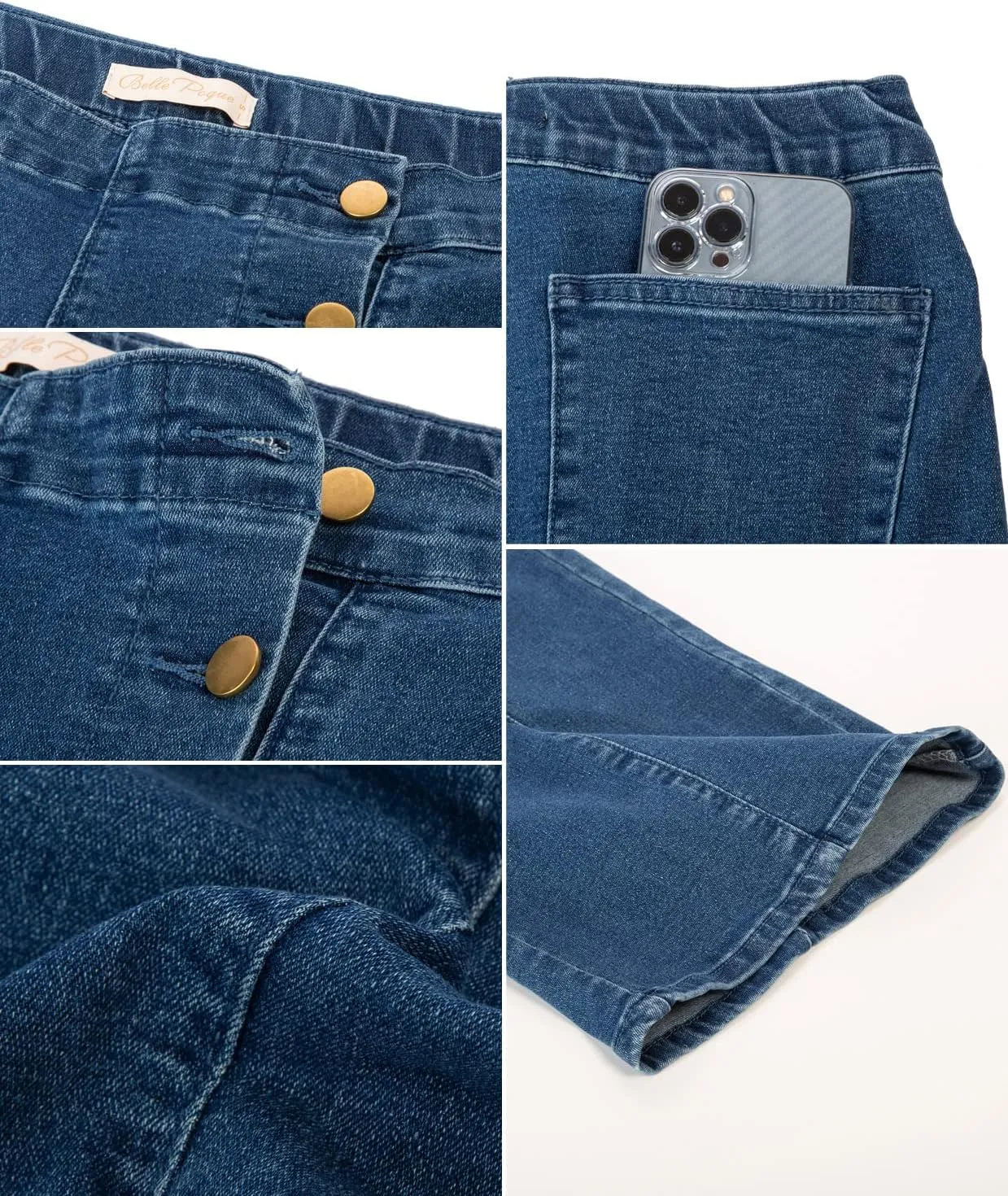 Belle Poque Women's High Waisted Wide Leg Jeans Button Decorated Casual Stretchy Demin Pants with Pockets