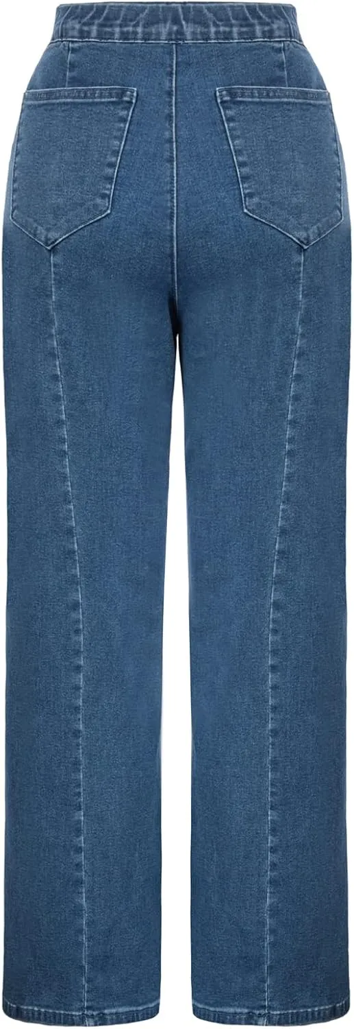 Belle Poque Women's High Waisted Wide Leg Jeans Button Decorated Casual Stretchy Demin Pants with Pockets