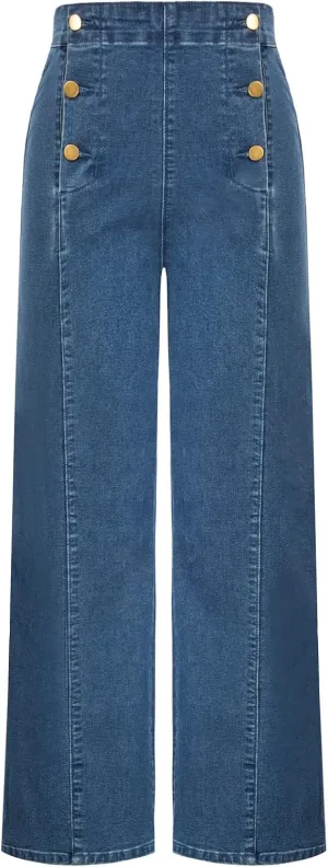 Belle Poque Women's High Waisted Wide Leg Jeans Button Decorated Casual Stretchy Demin Pants with Pockets