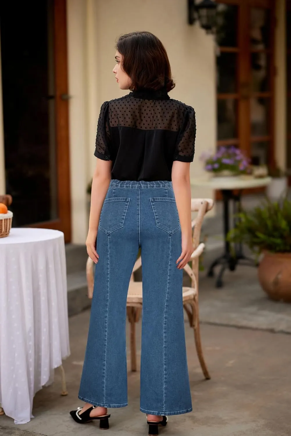 Belle Poque Women's High Waisted Wide Leg Jeans Button Decorated Casual Stretchy Demin Pants with Pockets