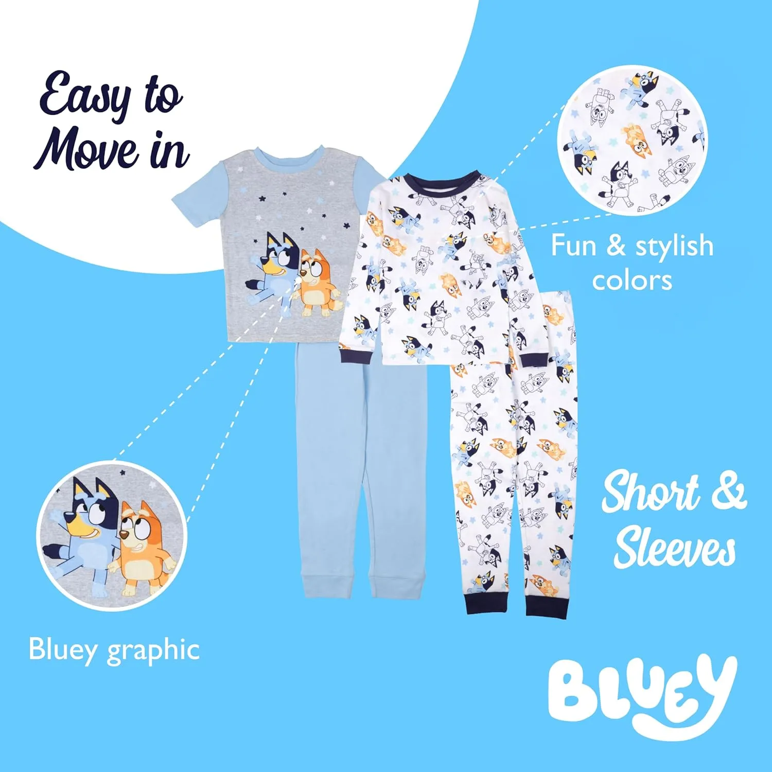 Bluey Unisex 4-Piece Snug-fit Cotton Pajama Set, Soft & Cute for Kids
