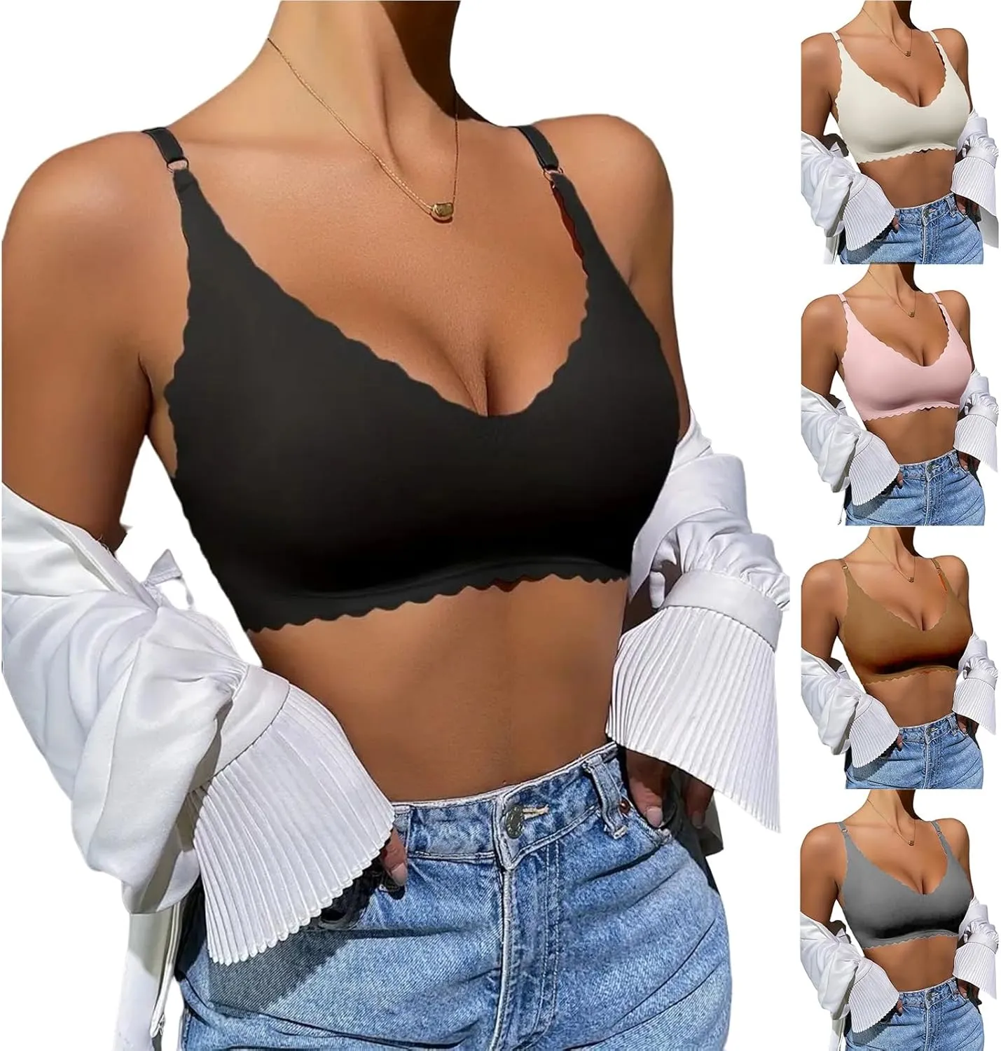 Bras for Women Wavy Deep V No Underwire Soft Wireless Bras Bralettes Comfort Seamless Bralettes Tank Tops Camisole