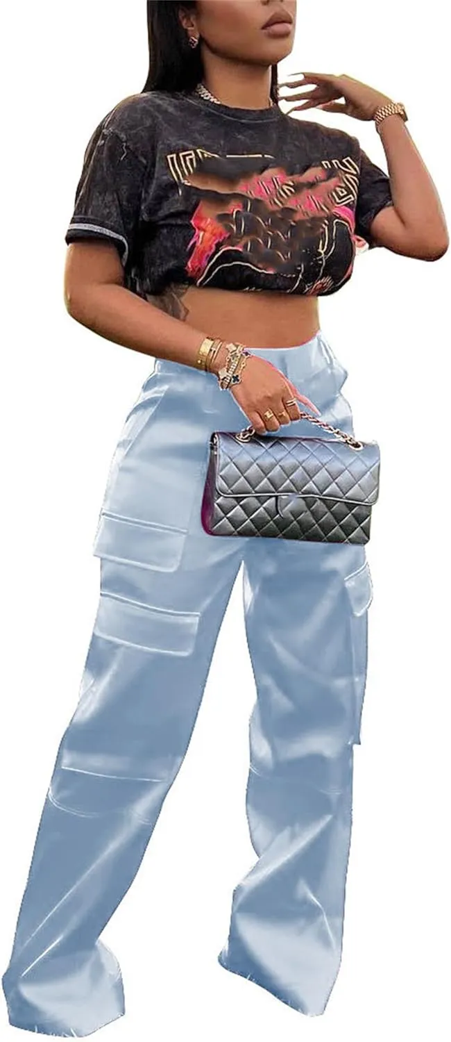 CALEBGAR Womens Cargo Pants Casual High Wasited Wide Leg Parachute Pants with Pockets