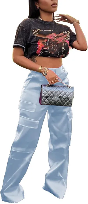 CALEBGAR Womens Cargo Pants Casual High Wasited Wide Leg Parachute Pants with Pockets