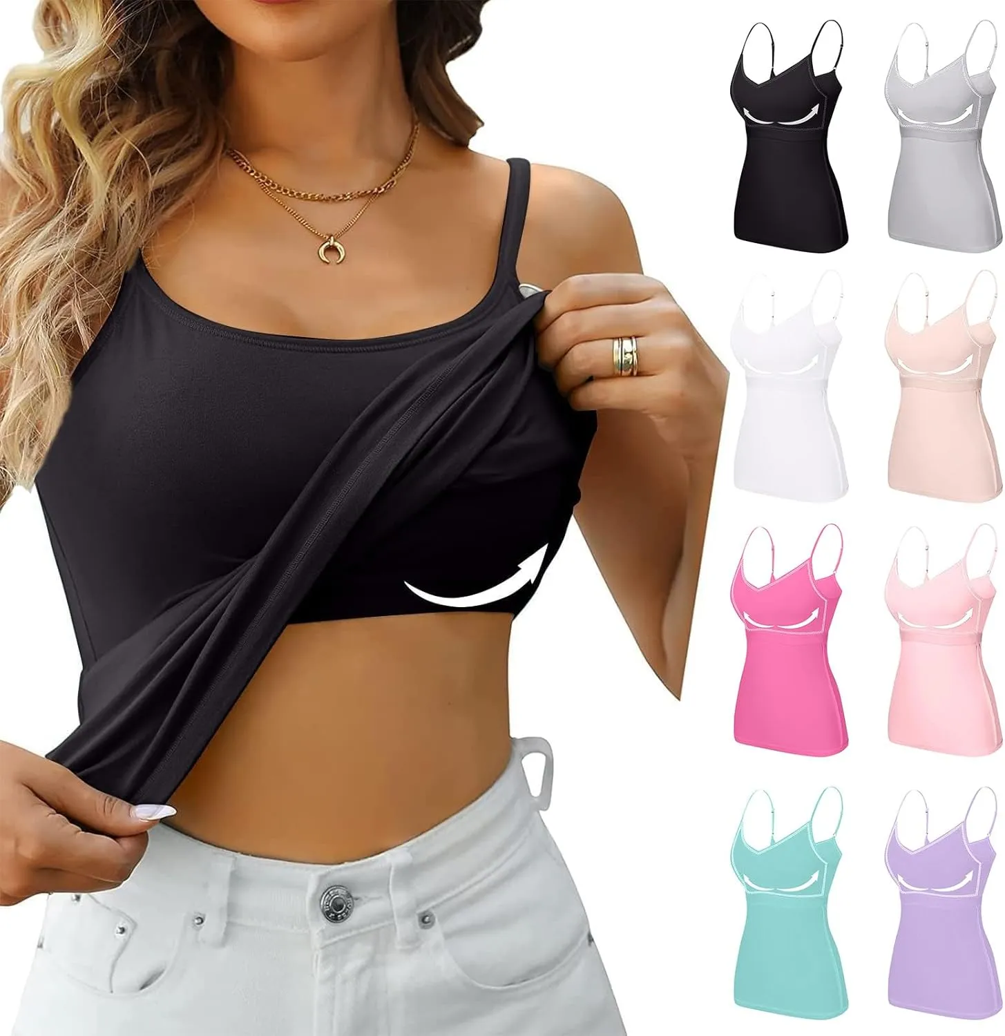 Camisole Tops for Women Built in Bra Basic Cami Vest Summer Workout Camisoles Spaghetti Strap Tank Top Layer Padded Bra