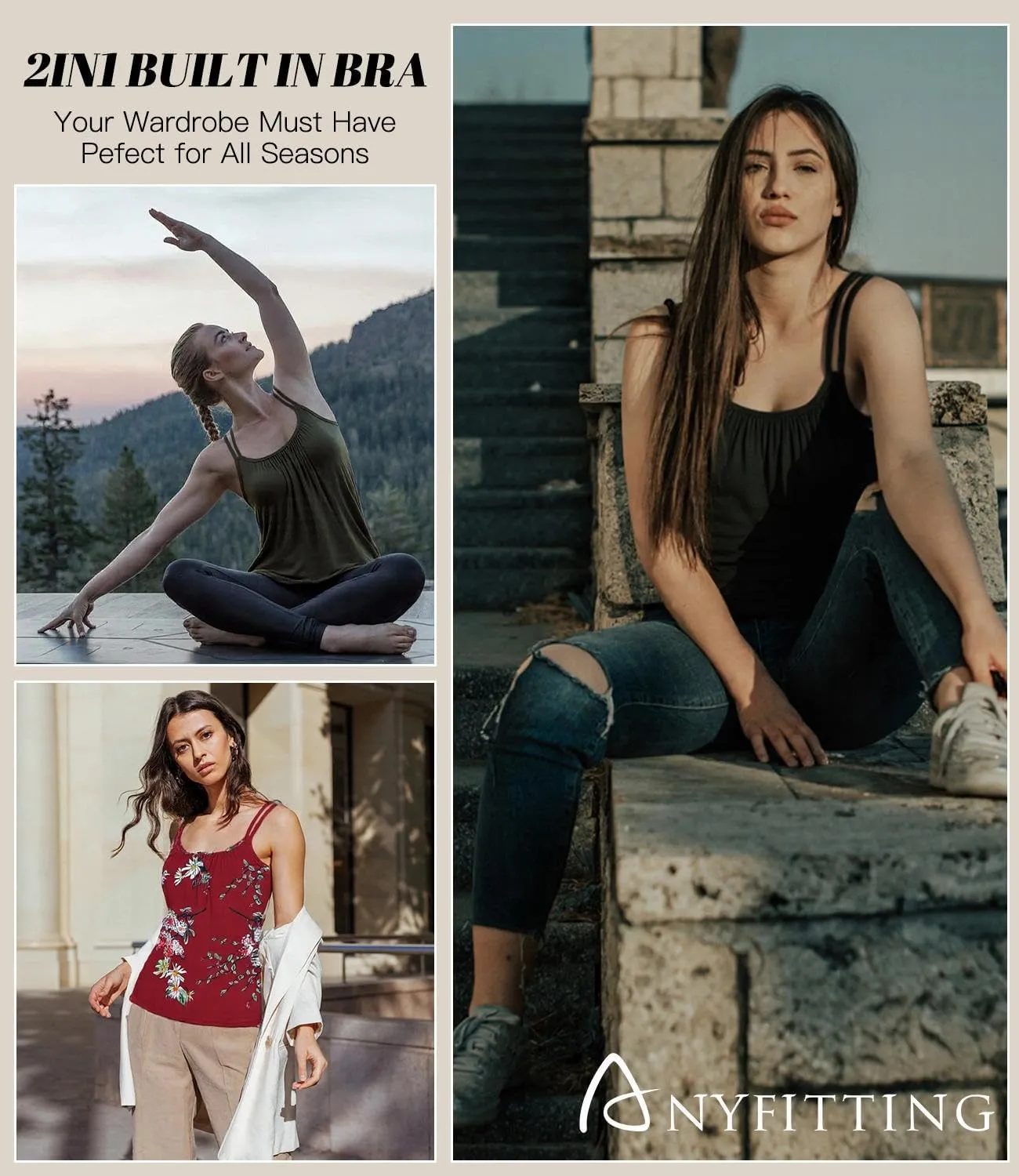 Camisoles for Women with Built in Bra Adjustable Strap Tank Tops Cami Sleeveless Summer Tops for Workout Sleeping Traveling