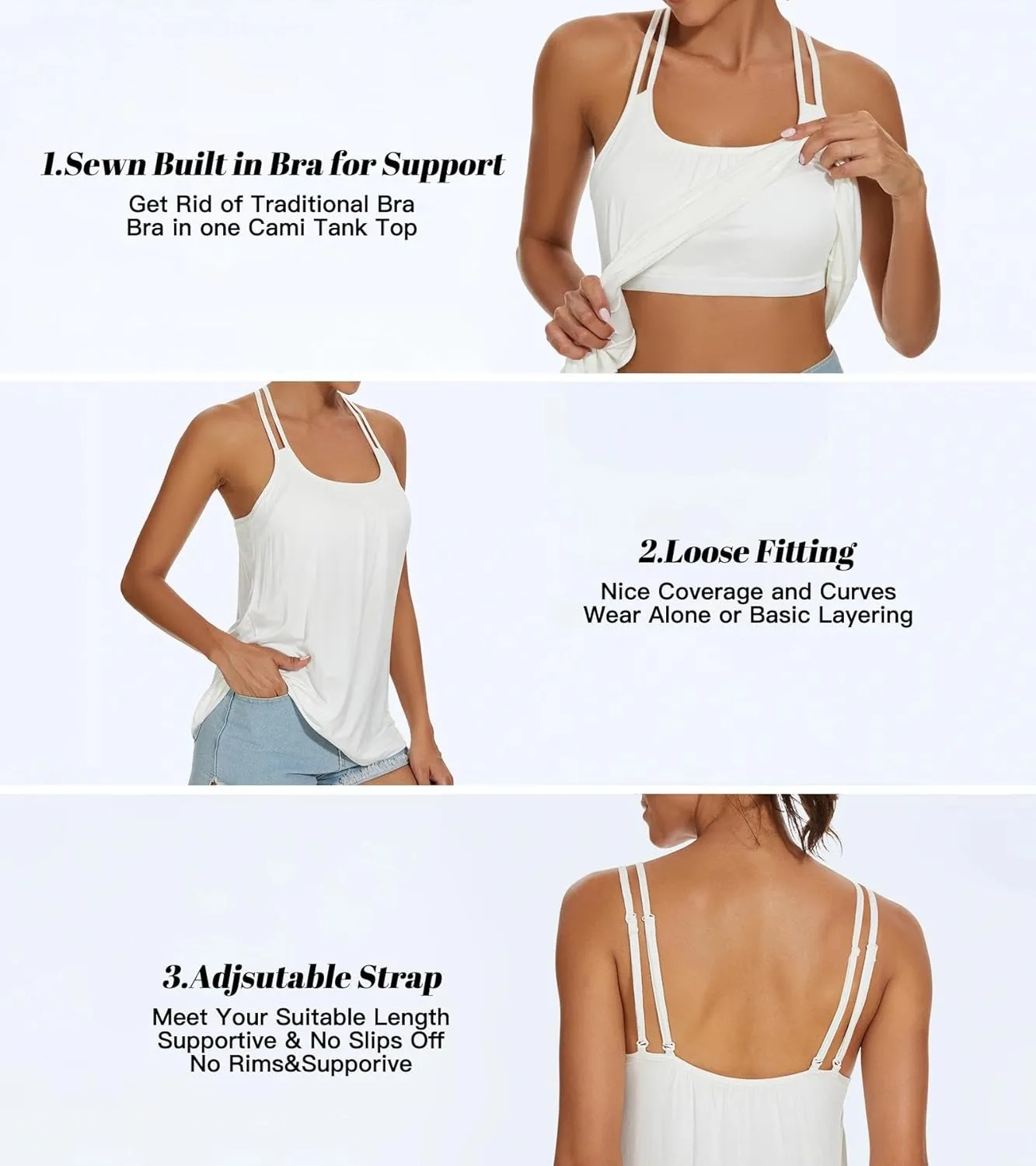 Camisoles for Women with Built in Bra Adjustable Strap Tank Tops Cami Sleeveless Summer Tops for Workout Sleeping Traveling