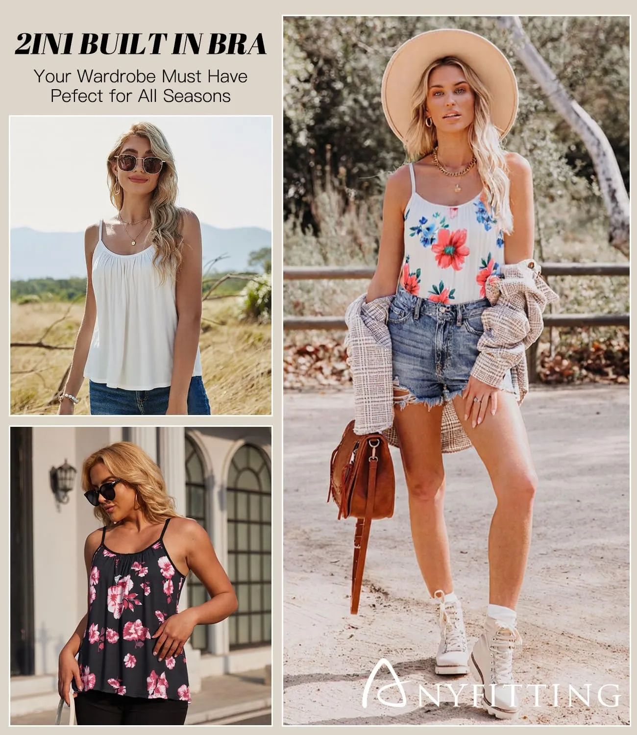 Camisoles for Women with Built in Bra Adjustable Strap Tank Tops Cami Sleeveless Summer Tops for Workout Sleeping Traveling
