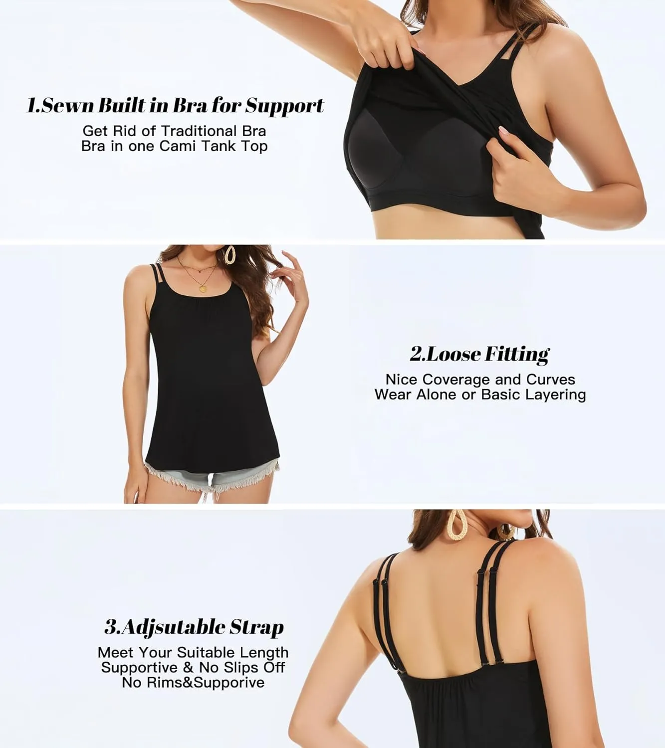 Camisoles for Women with Built in Bra Adjustable Strap Tank Tops Cami Sleeveless Summer Tops for Workout Sleeping Traveling