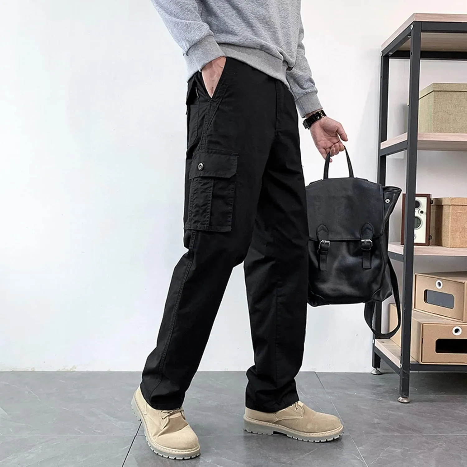 Cargo Pants for Men Relaxed Fit Joggers Solid Corduroy Multi Pockets Straight Work Pants High Street Mens Sweatpants