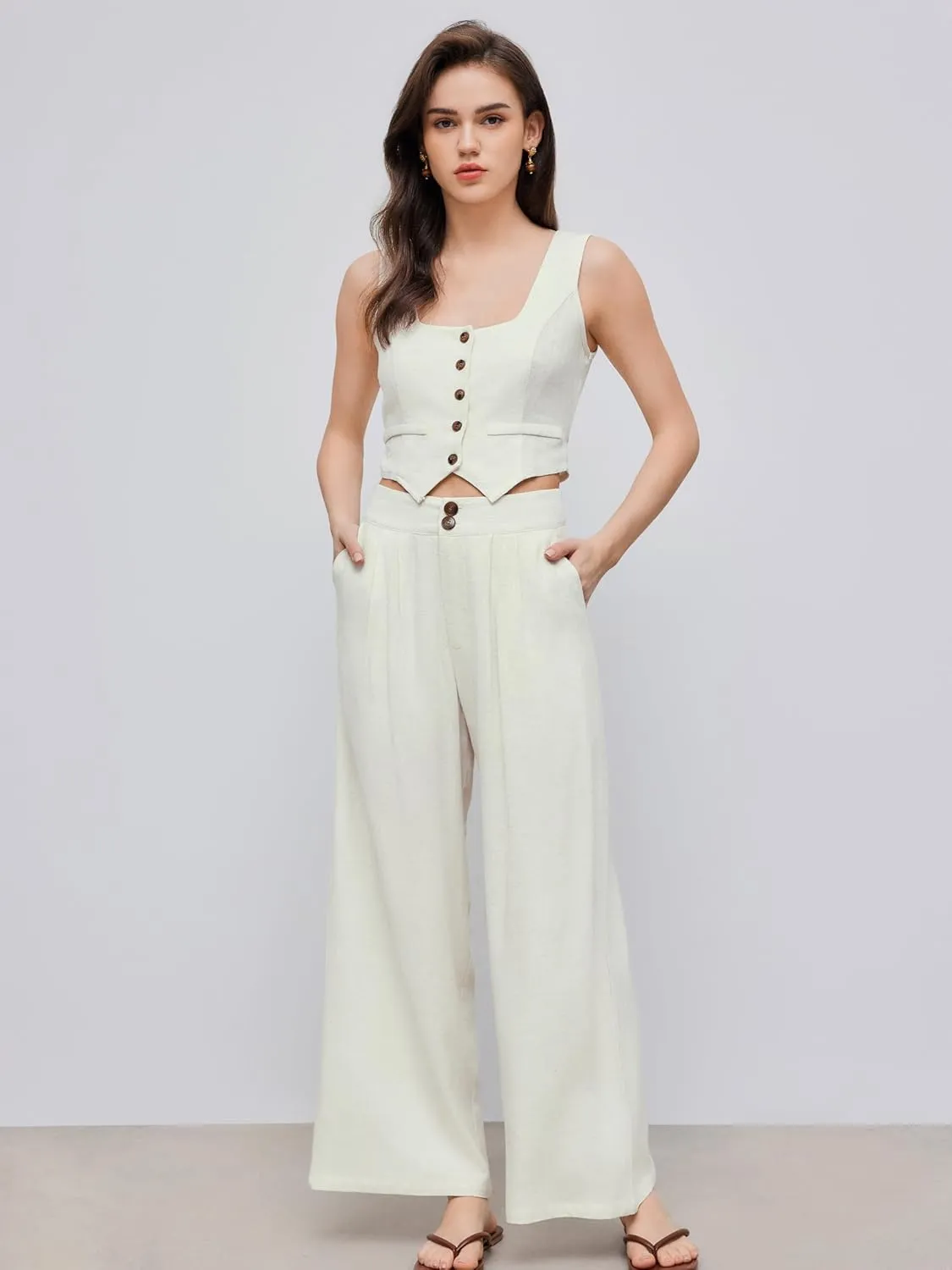 CIDER Women's Linen Blend Pants Wide Leg High Waist Business Casual Lounge Pant with Pockets