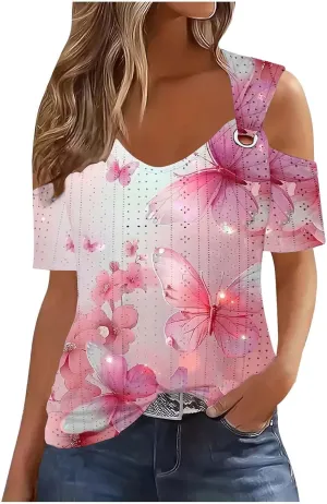 Cold Shoulder Tops for Women Summer Hollow Out Eyelet Short Sleeve Blouse Retro Floral Print Short Sleeve Tshirts