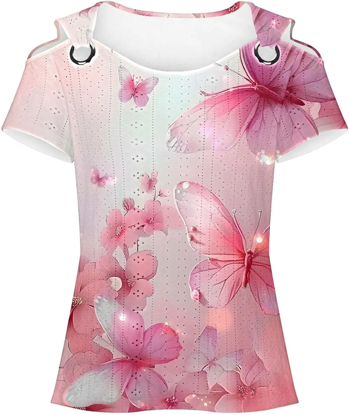 Cold Shoulder Tops for Women Summer Hollow Out Eyelet Short Sleeve Blouse Retro Floral Print Short Sleeve Tshirts