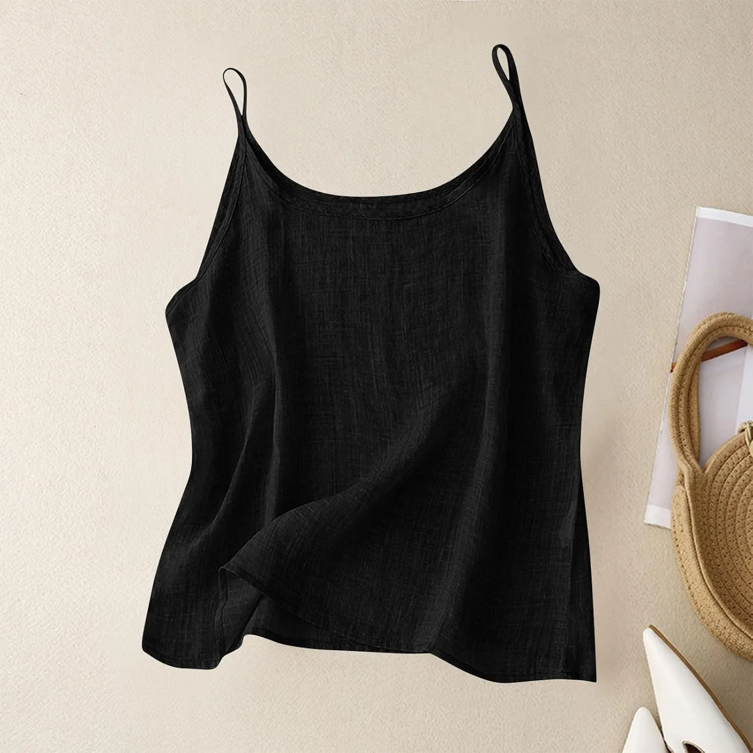 Cotton Linen Camisole Tops for Women Spaghetti Strap Loose Fit Tank Top Summer Sleeveless Gauze Cami Shirts