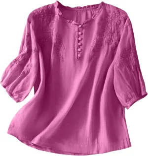 Cotton Linen Shirt for Women 2025 Summer Crewneck Button Embroidered Short Sleeve Boho Blouse Dressy Casual Vacation Top