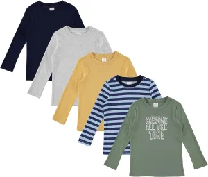 Cudlie 5-Pack Baby/Toddler Boy Long Sleeve Shirt - Basic Tshirt Tops, Light Undershirt - Solid & Striped Tees for Boys