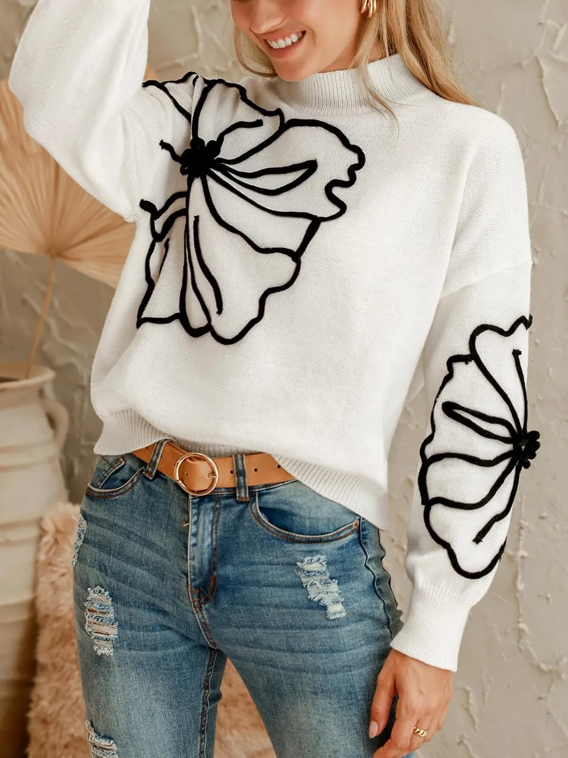 CUPSHE Women's Long Sleeve Sweater 2024 Fall Turtleneck Floral Pullover Sweaters Tops