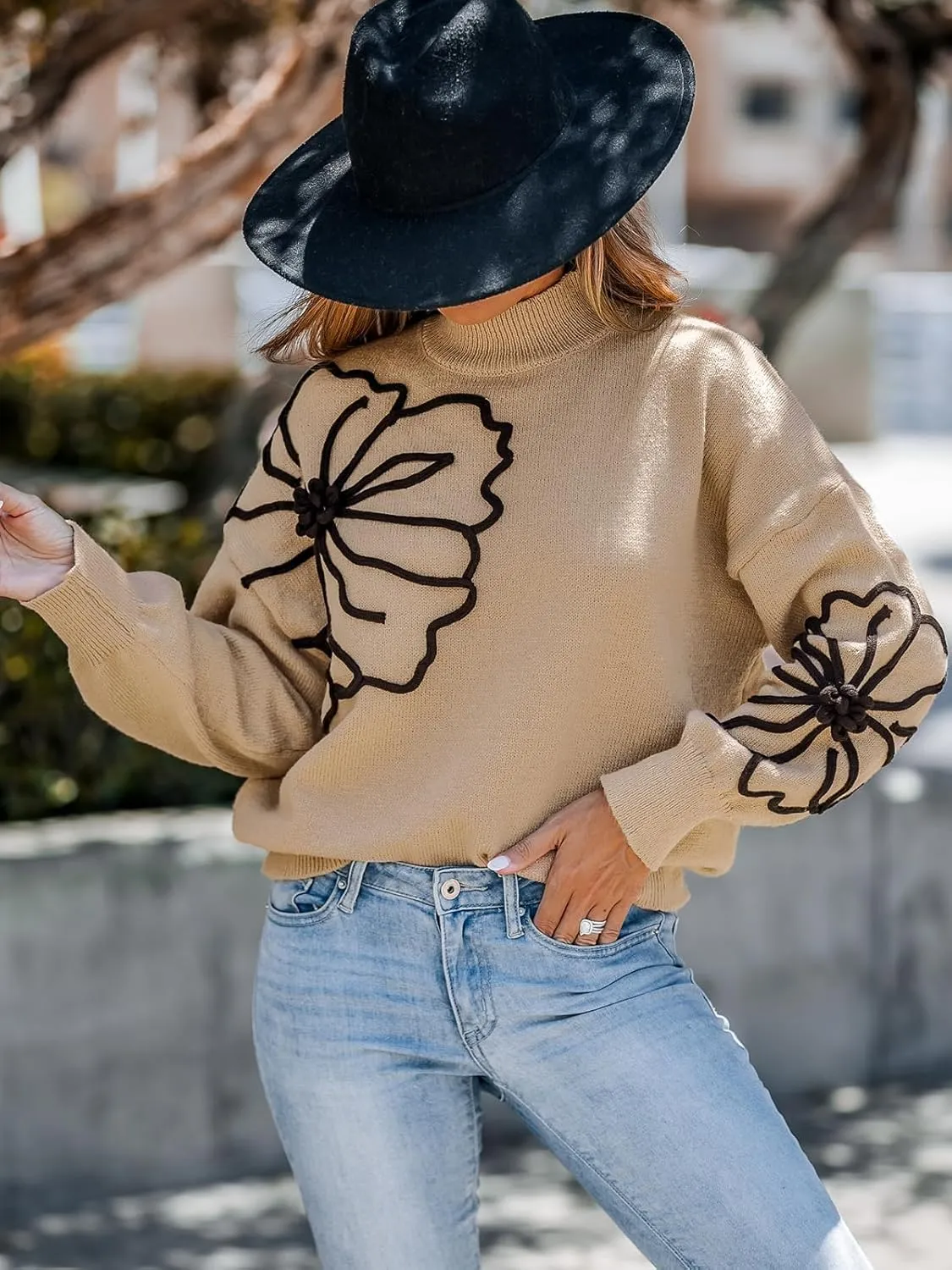 CUPSHE Women's Long Sleeve Sweater 2024 Fall Turtleneck Floral Pullover Sweaters Tops