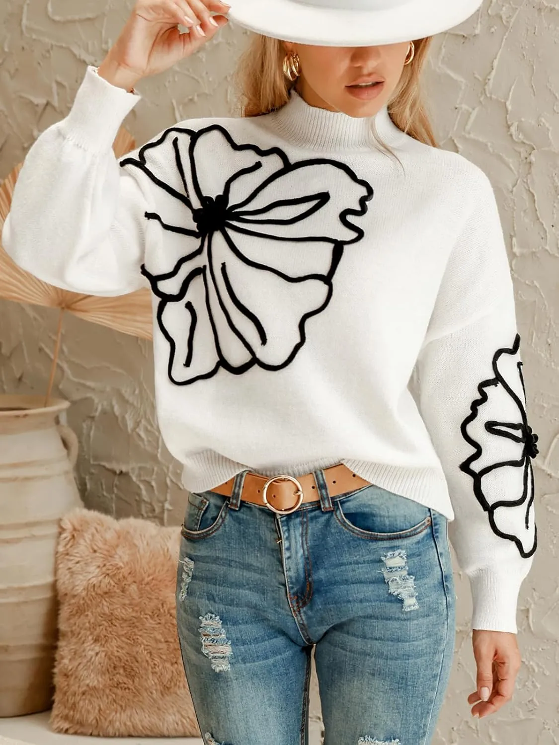 CUPSHE Women's Long Sleeve Sweater 2024 Fall Turtleneck Floral Pullover Sweaters Tops