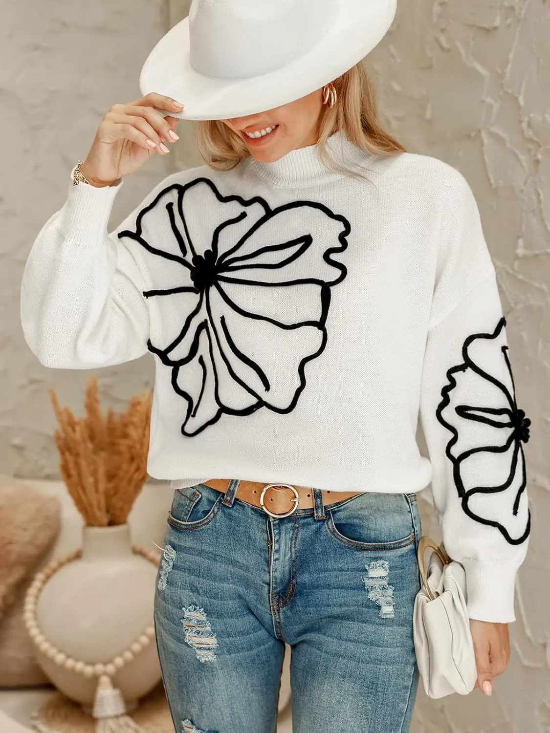 CUPSHE Women's Long Sleeve Sweater 2024 Fall Turtleneck Floral Pullover Sweaters Tops