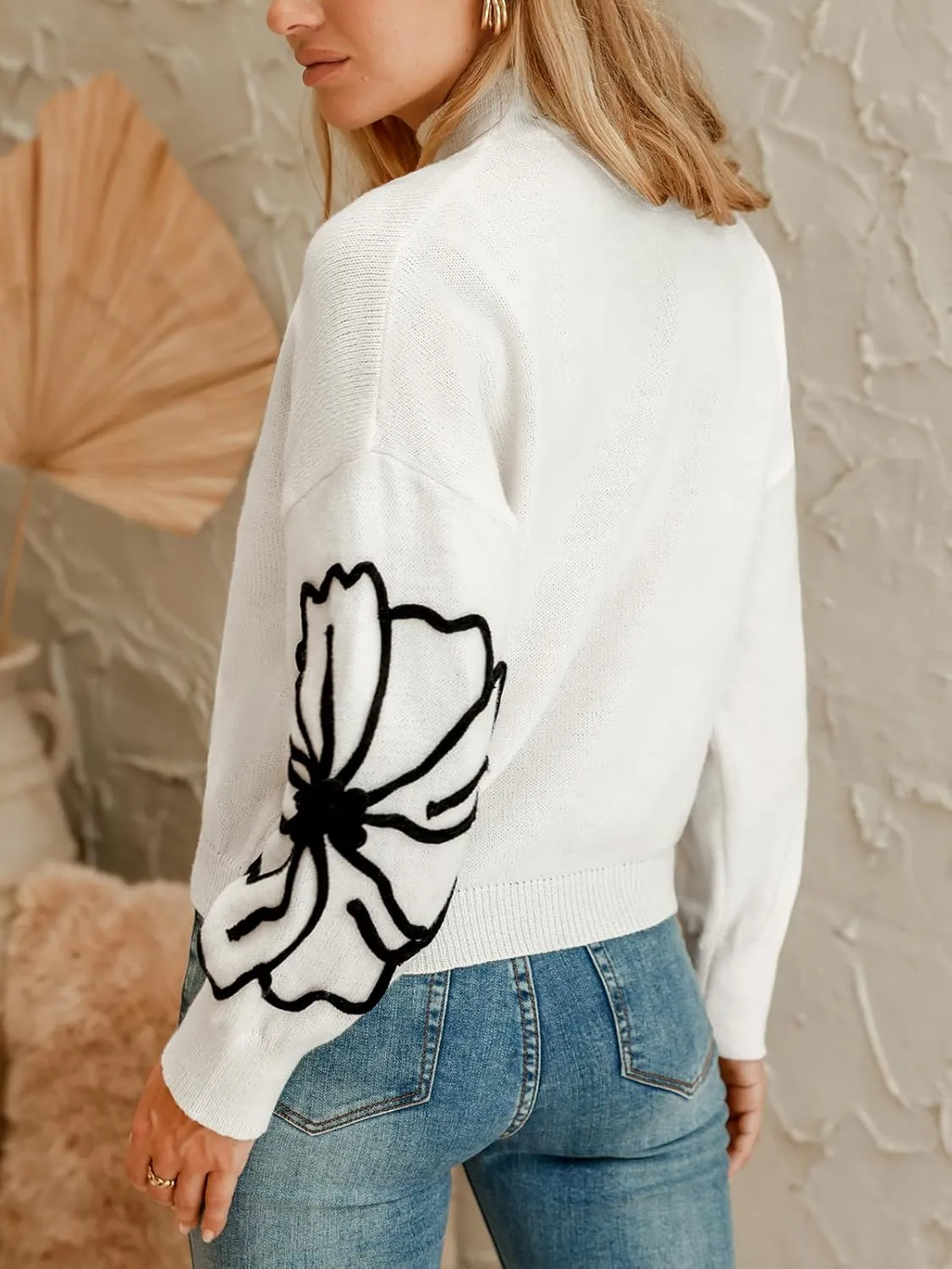 CUPSHE Women's Long Sleeve Sweater 2024 Fall Turtleneck Floral Pullover Sweaters Tops