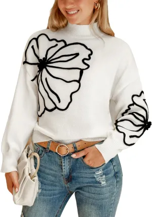 CUPSHE Women's Long Sleeve Sweater 2024 Fall Turtleneck Floral Pullover Sweaters Tops