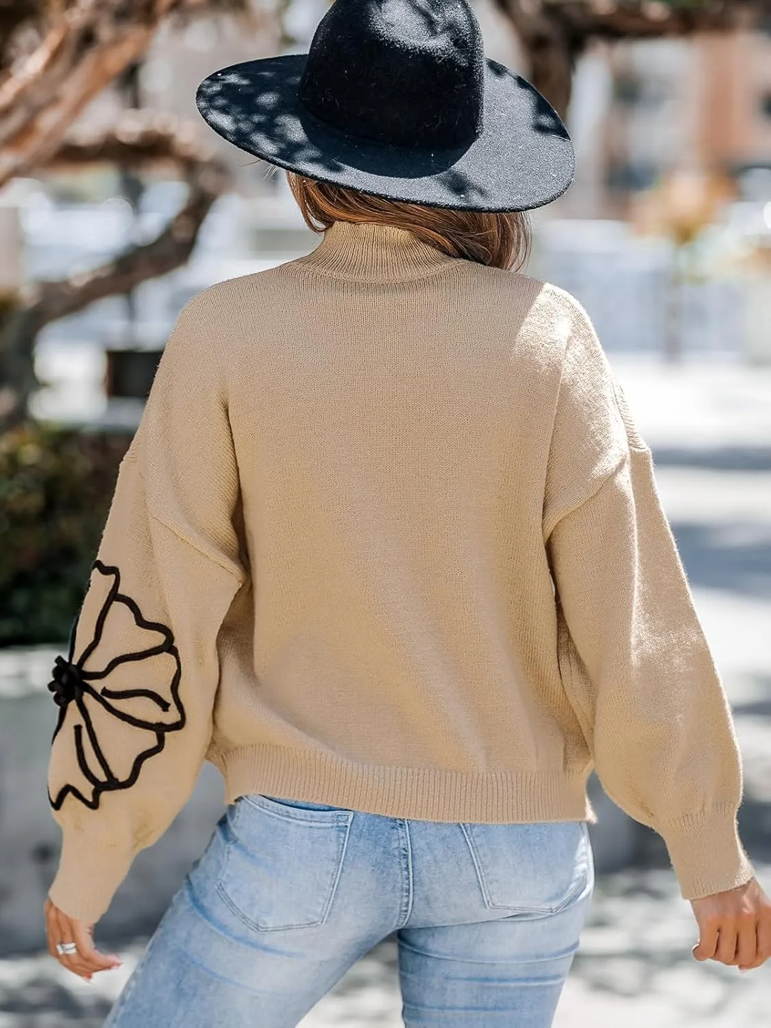 CUPSHE Women's Long Sleeve Sweater 2024 Fall Turtleneck Floral Pullover Sweaters Tops