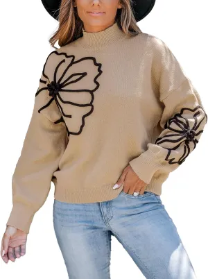 CUPSHE Women's Long Sleeve Sweater 2024 Fall Turtleneck Floral Pullover Sweaters Tops
