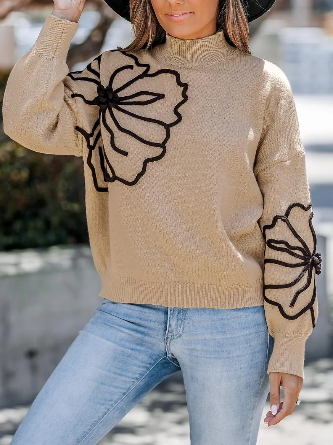 CUPSHE Women's Long Sleeve Sweater 2024 Fall Turtleneck Floral Pullover Sweaters Tops