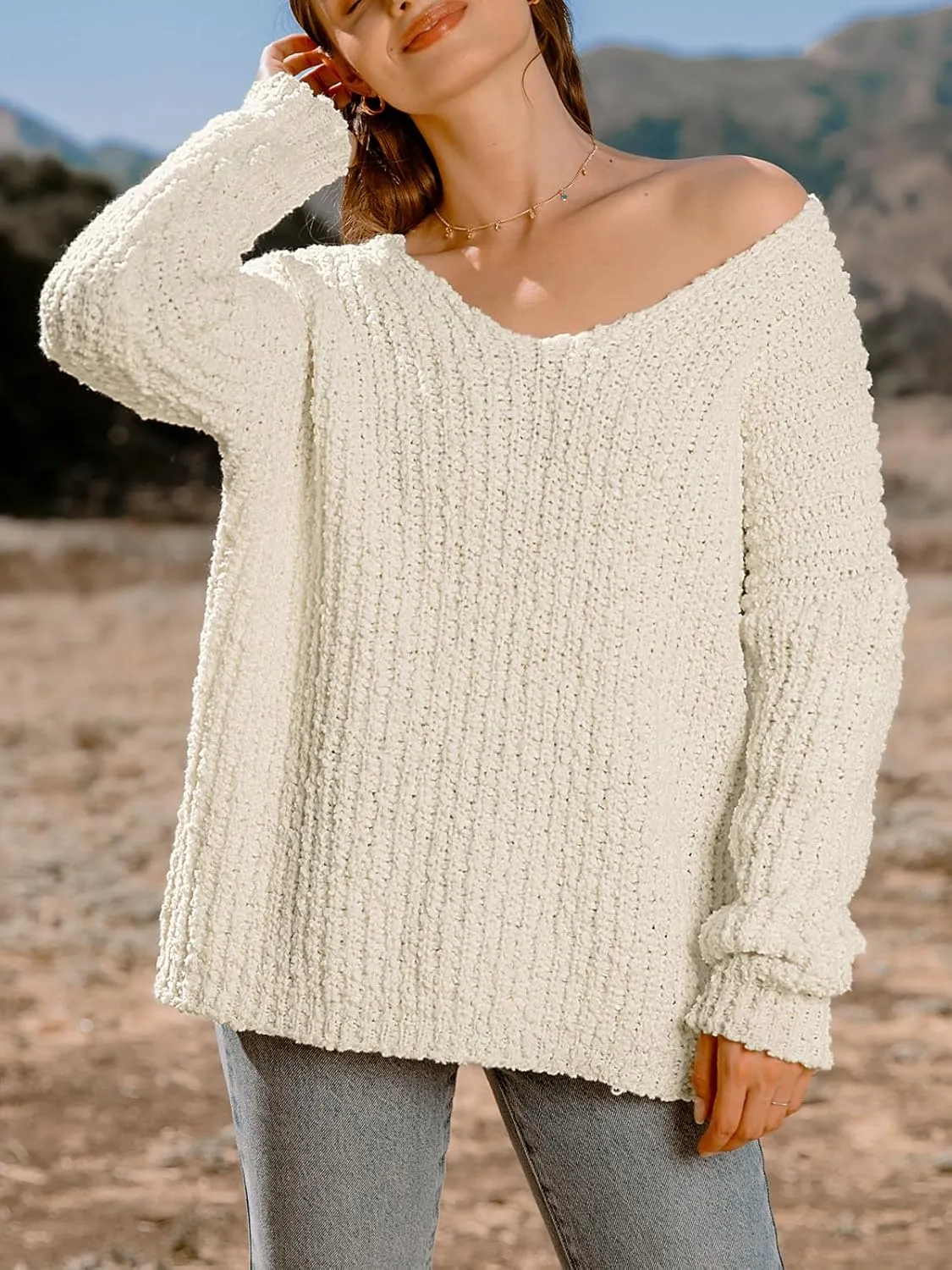 CUPSHE Women's Long Sleeve Sweater V Neck Comfy Loose Oversized Knit Pullover Sweaters