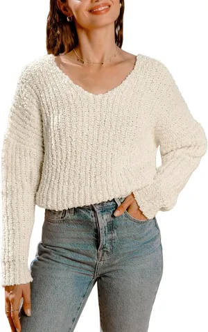 CUPSHE Women's Long Sleeve Sweater V Neck Comfy Loose Oversized Knit Pullover Sweaters