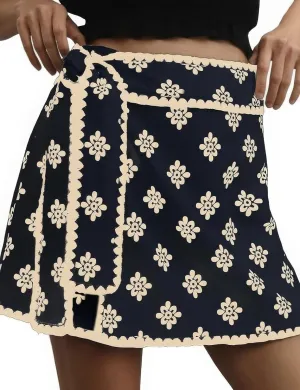 ebossy Women's Summer Floral Print Wrap Mini Skirts Knot Side High Waist Bodycon Flowy Shorts Skorts