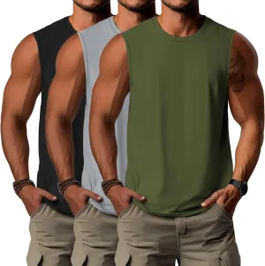 Ficerd 3 Pack Men's Big and Tall Tank Tops, Cotton Moisture Wicking Muscle Shirts Sleeveless Gym Workout Tee Shirts(Black, Light Gray, Army Green,3X-Large)