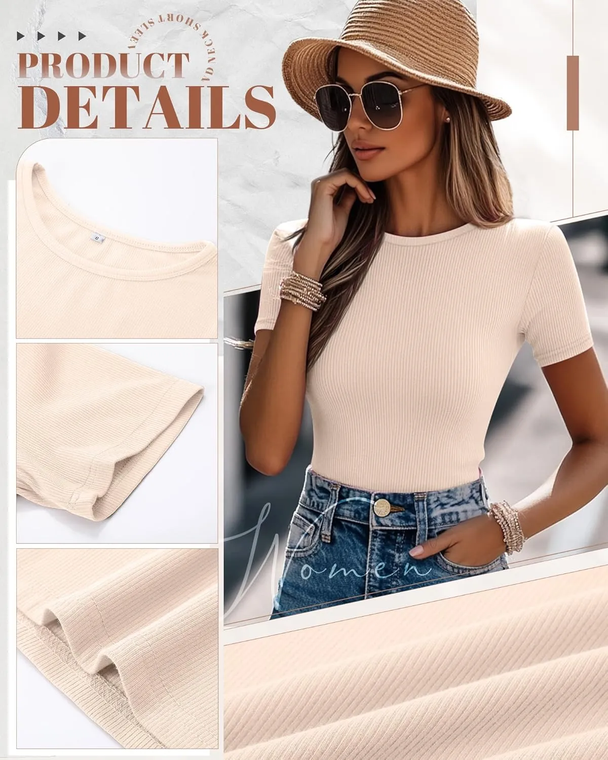 Ficerd 3 Pack Women's Ribbed T-Shirts, Cotton Short Sleeve Basic Tees Crewneck Fitted Tops Casual Shirts 2025 Summer Trendy